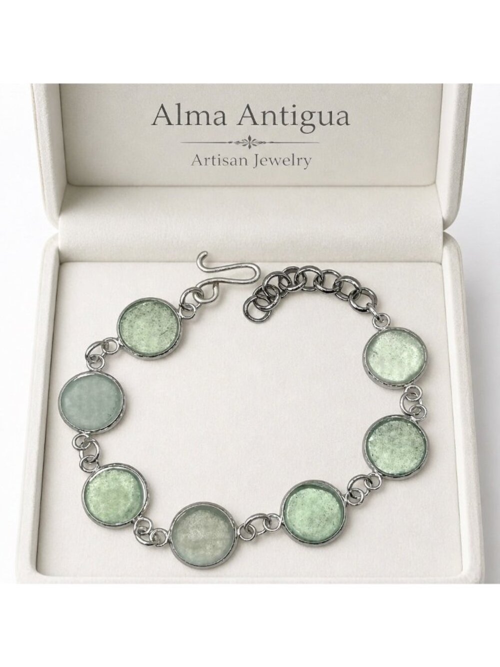 Sea Glass Cabochon Link Bracelet | 7-Link Silver-Plated Frames | Hook Clasp